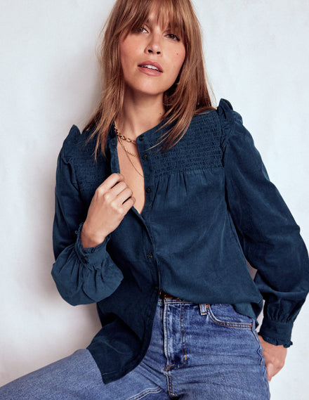 Smocked Yoke Cord Top-Midnight Ocean