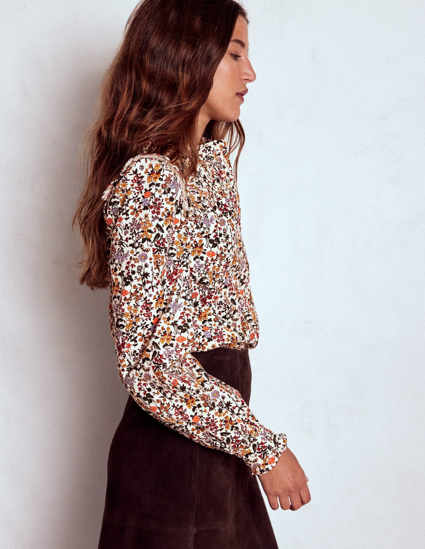 Smocked Yoke Cord Top-Ivory Floral