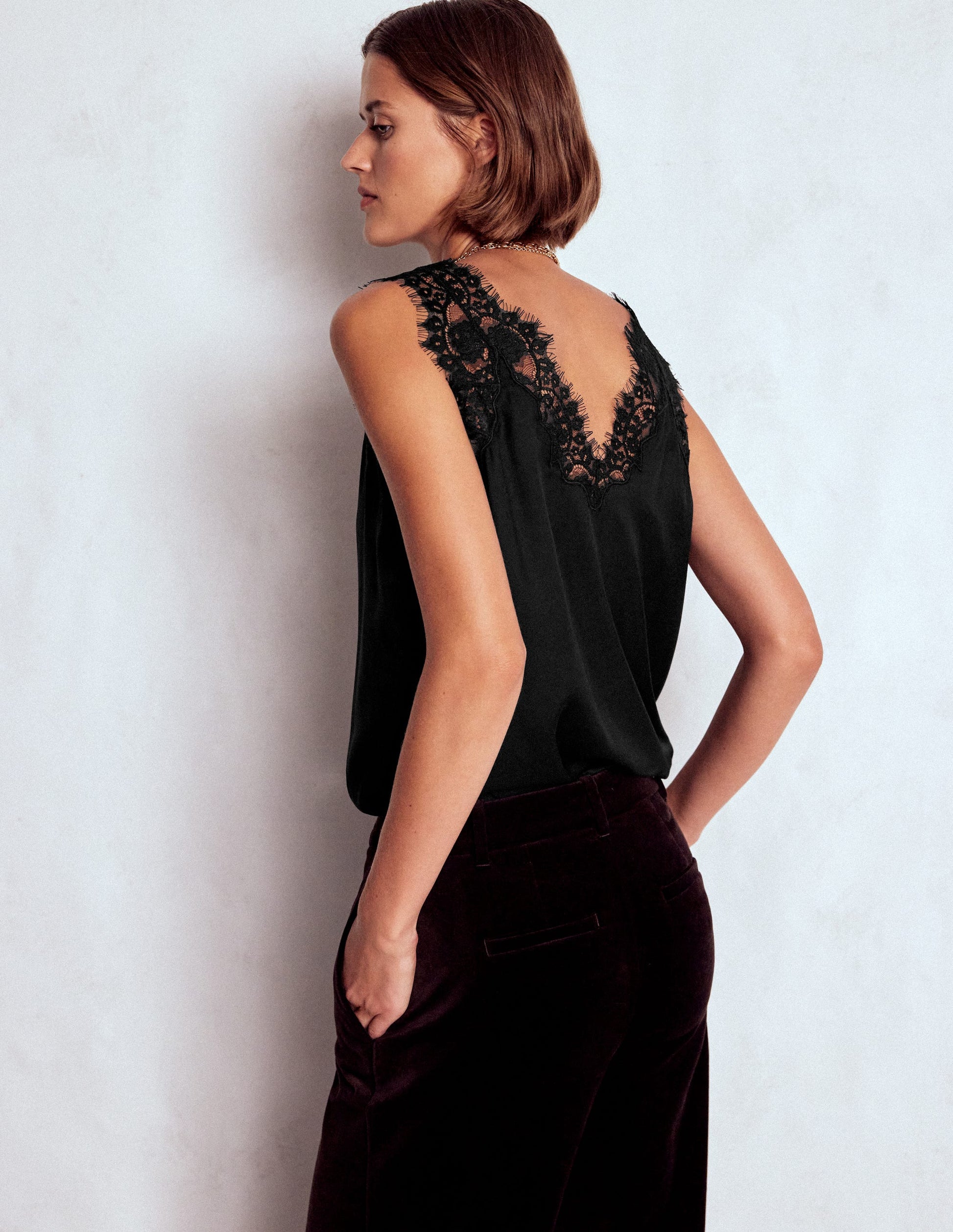 Silk-blend Lace Trim Cami Top-Black-4