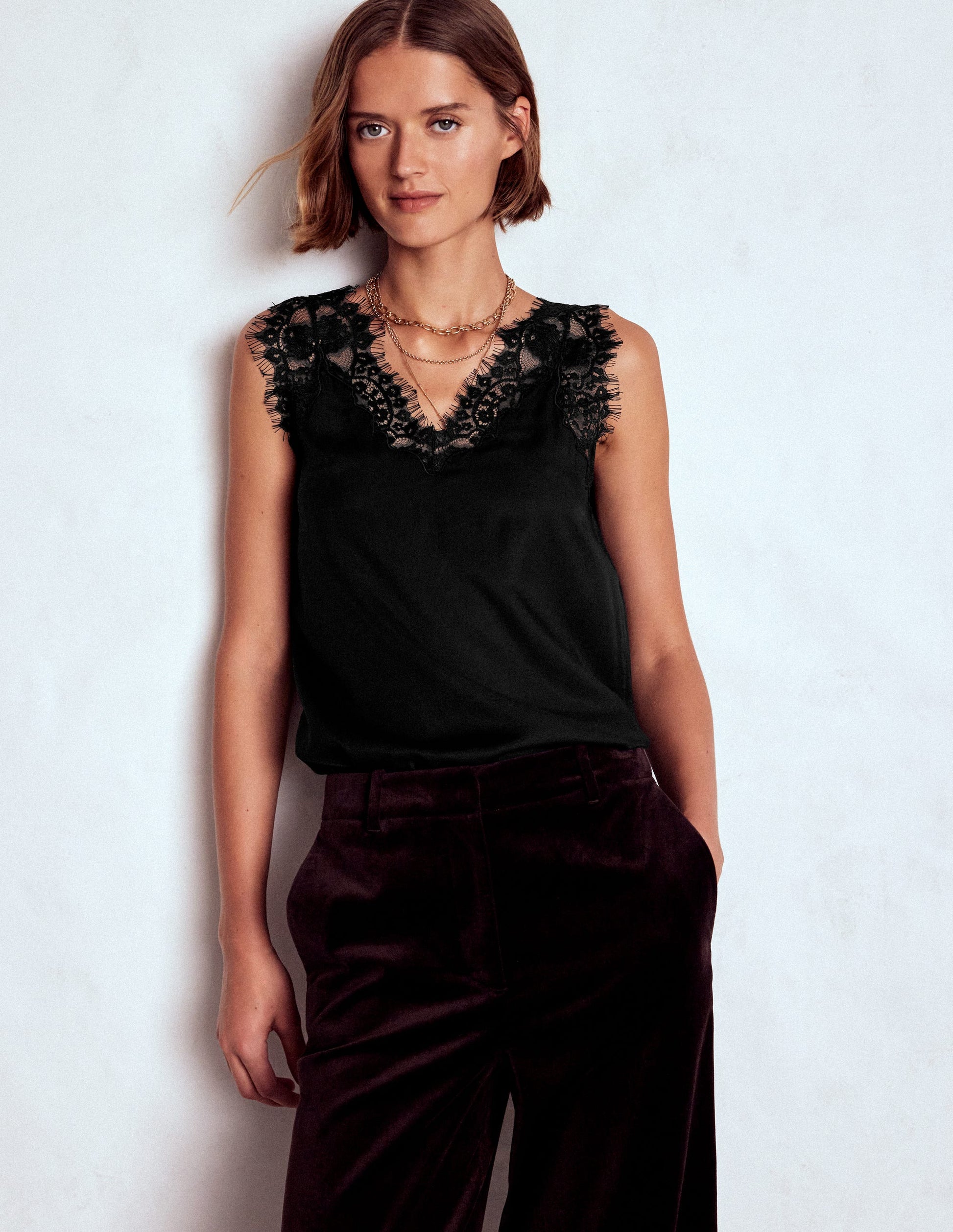 Silk-blend Lace Trim Cami Top-Black-5
