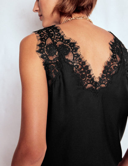 Silk-blend Lace Trim Cami Top-Black-6