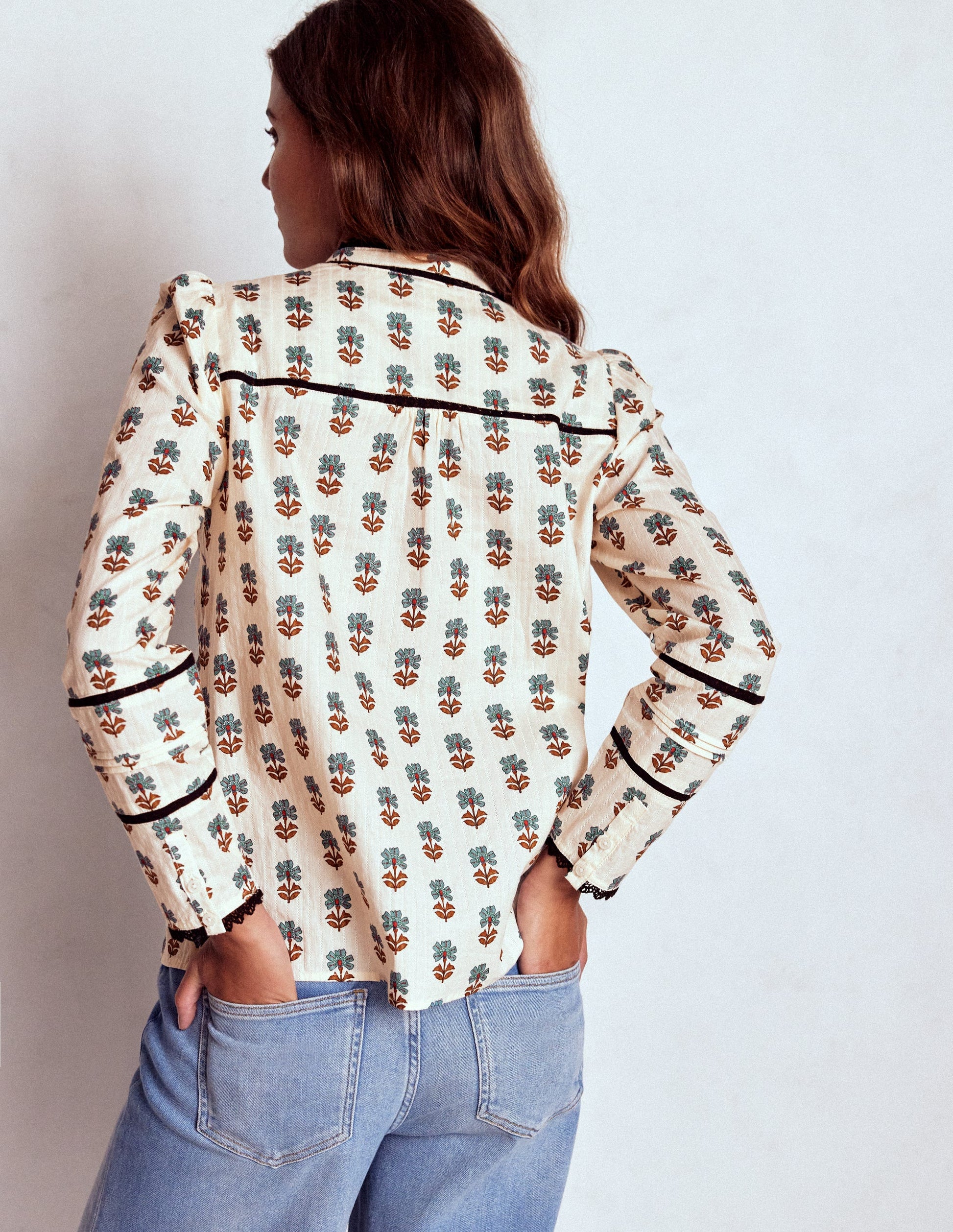 Cotton Lace Trim Top-Ivory, Woodblock Flower-4