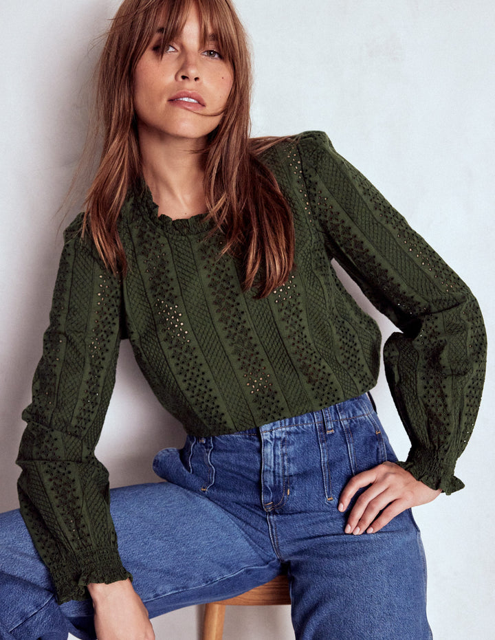 Frill Detail Broderie Top-Forest Glade