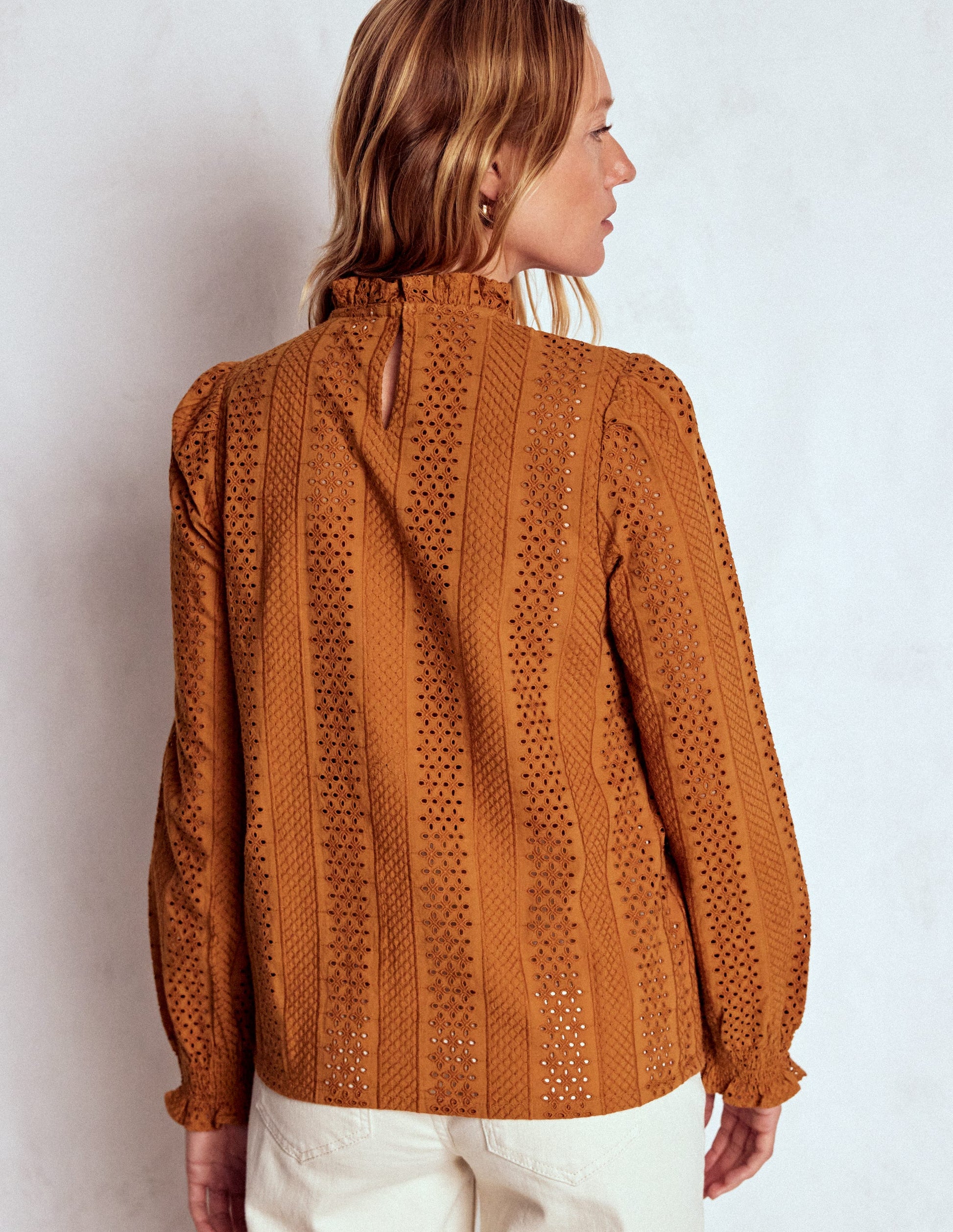 Frill Detail Broderie Top-Mustard-4