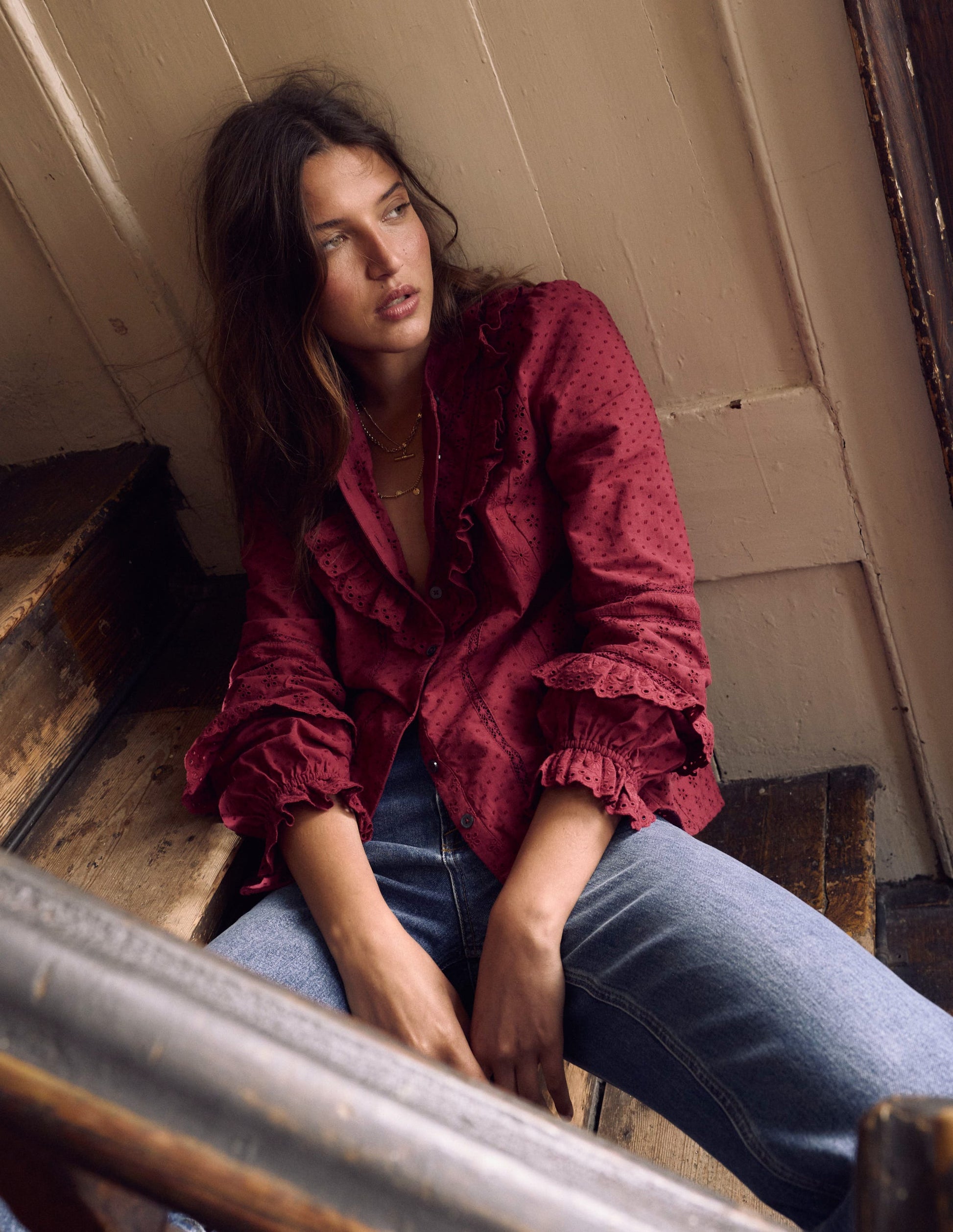 Broderie Ruffle Top-Ruby Red-1