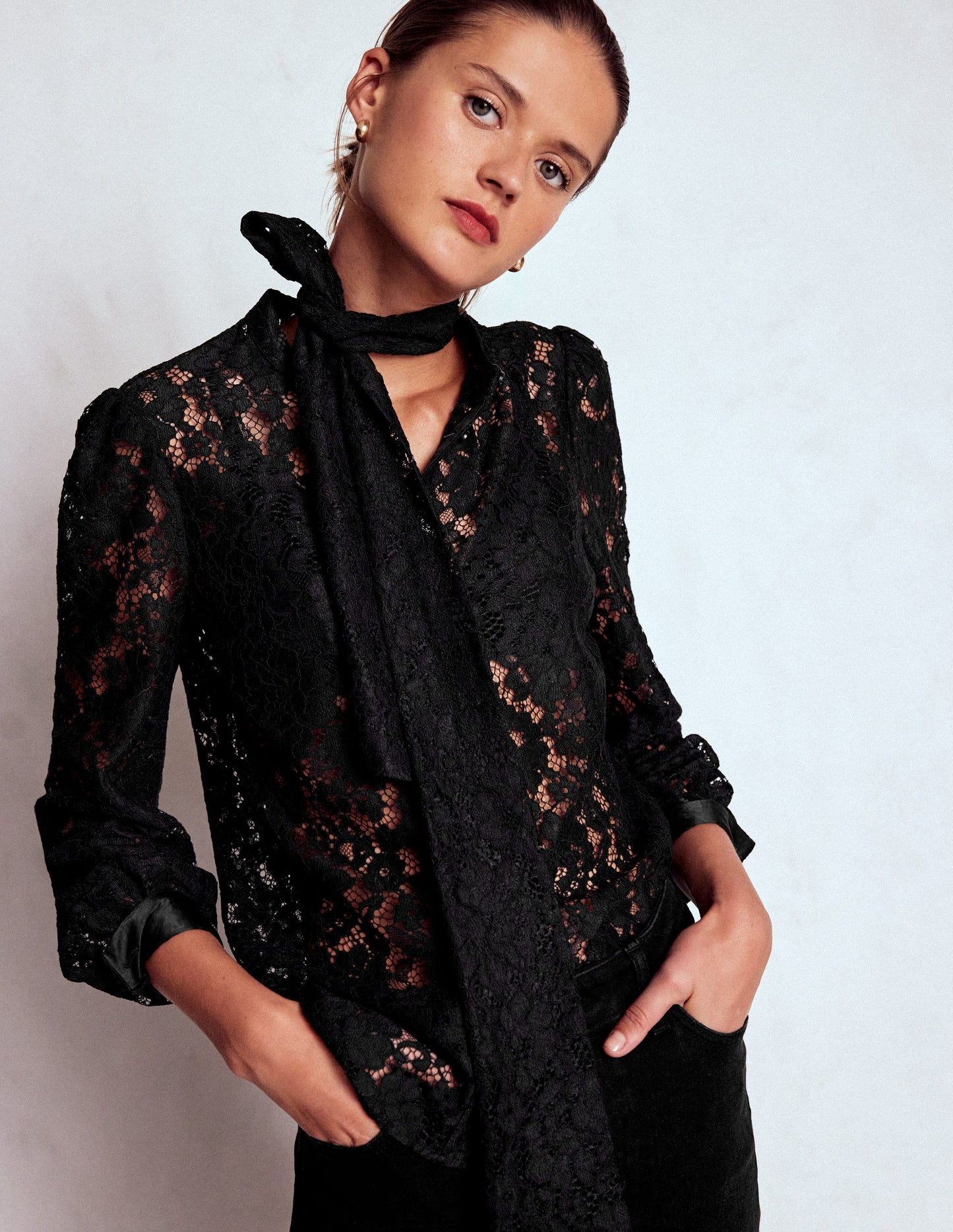 Lace Tie Neck Top-Black