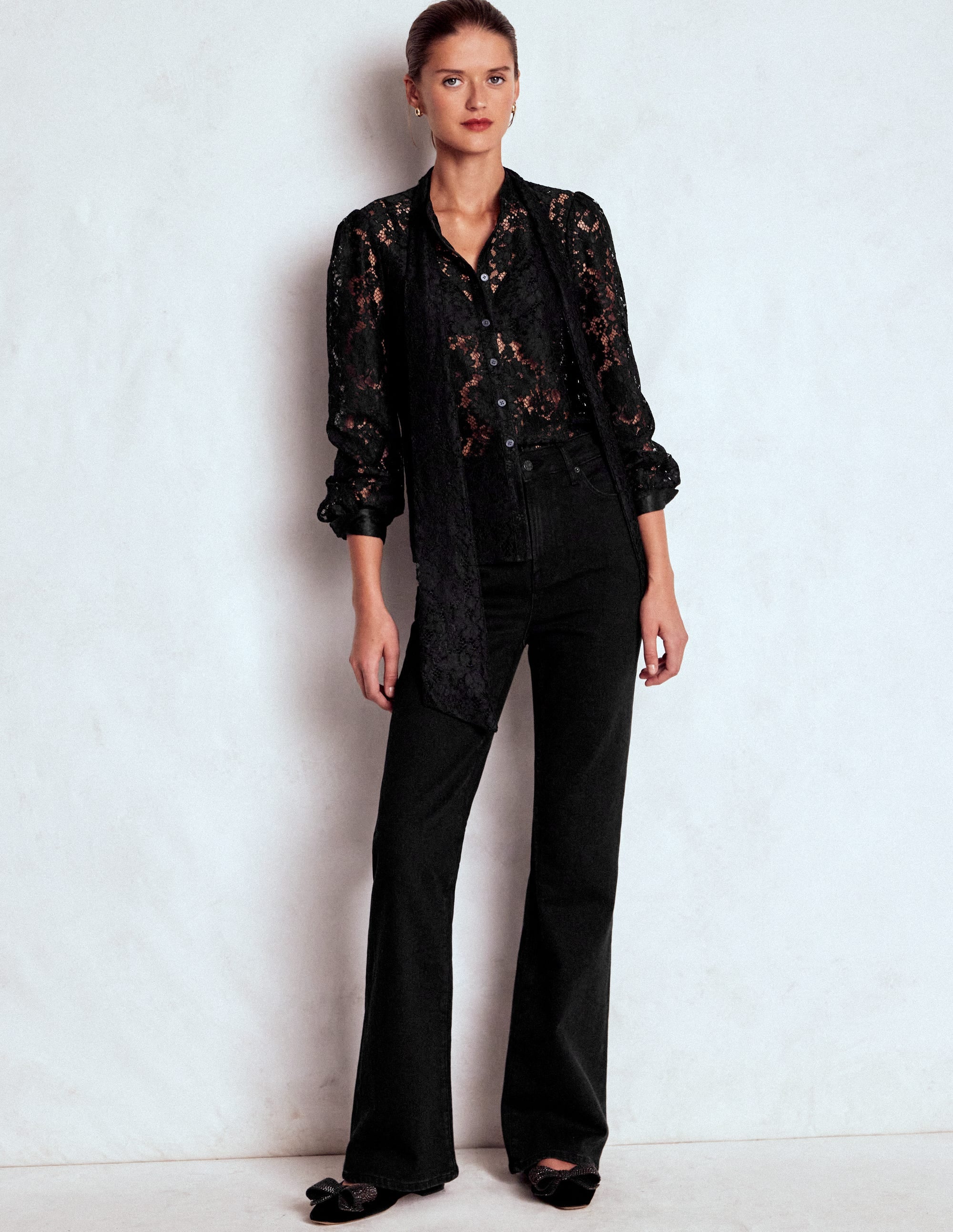 Lace Tie Neck Top-Black - Image 4
