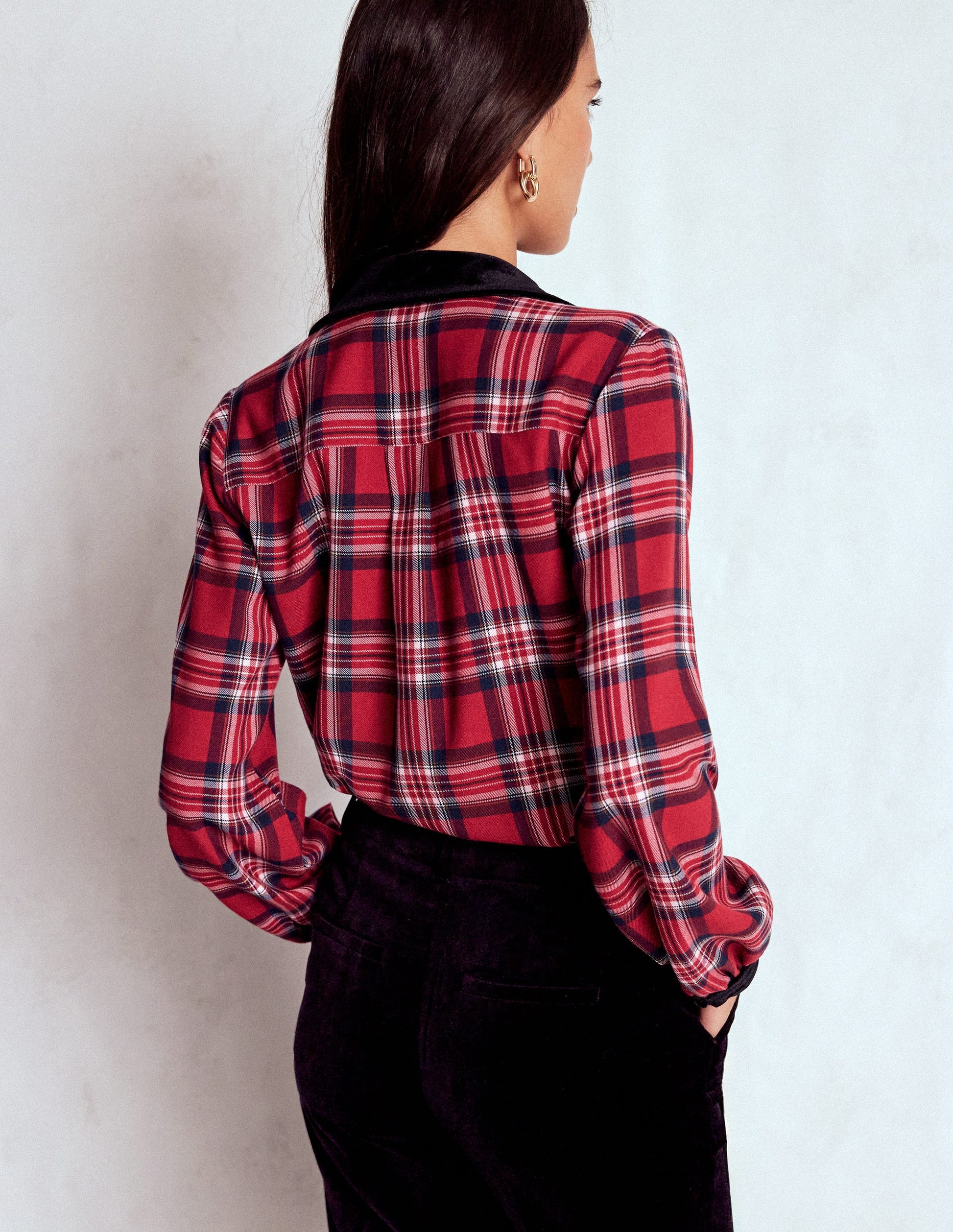Velvet Collared Check Shirt-Red Check-4