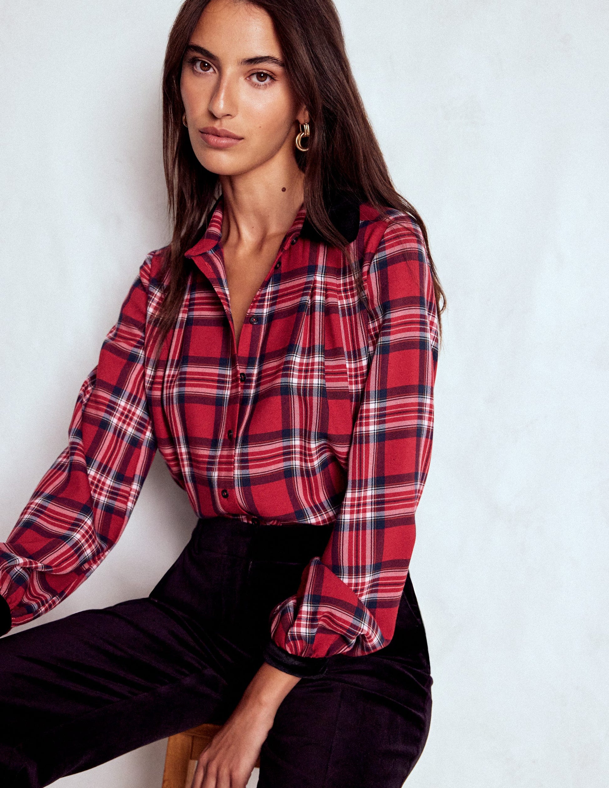 Velvet Collared Check Shirt-Red Check-5