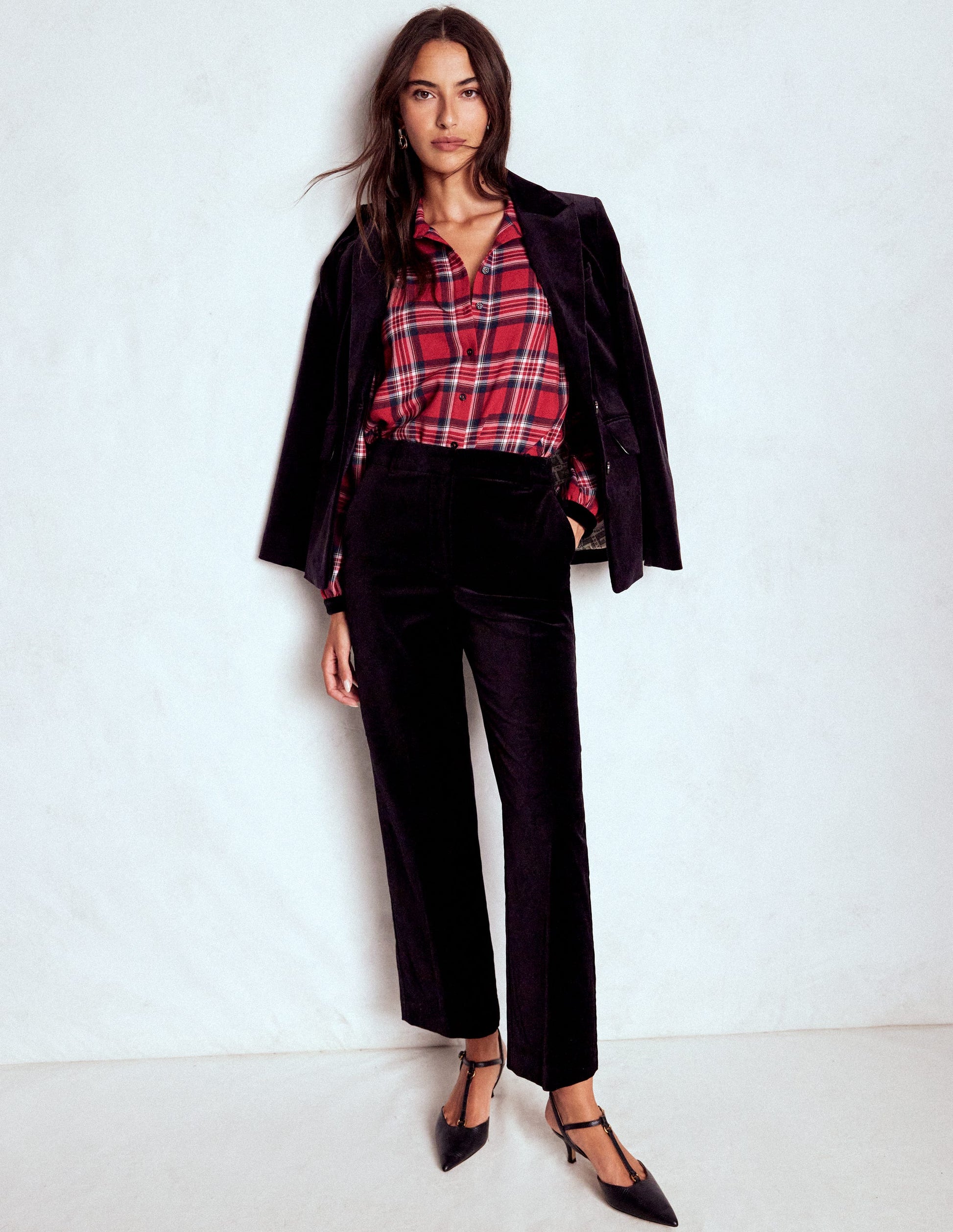 Velvet Collared Check Shirt-Red Check-6
