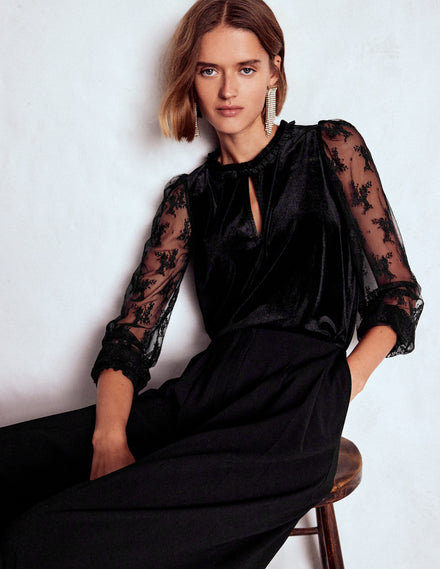 Mixed Media Puff Top-Black