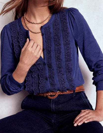 Broderie Ruffle Jersey Shirt-Starboard Blue-3