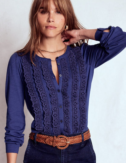 Broderie Ruffle Jersey Shirt-Starboard Blue-5