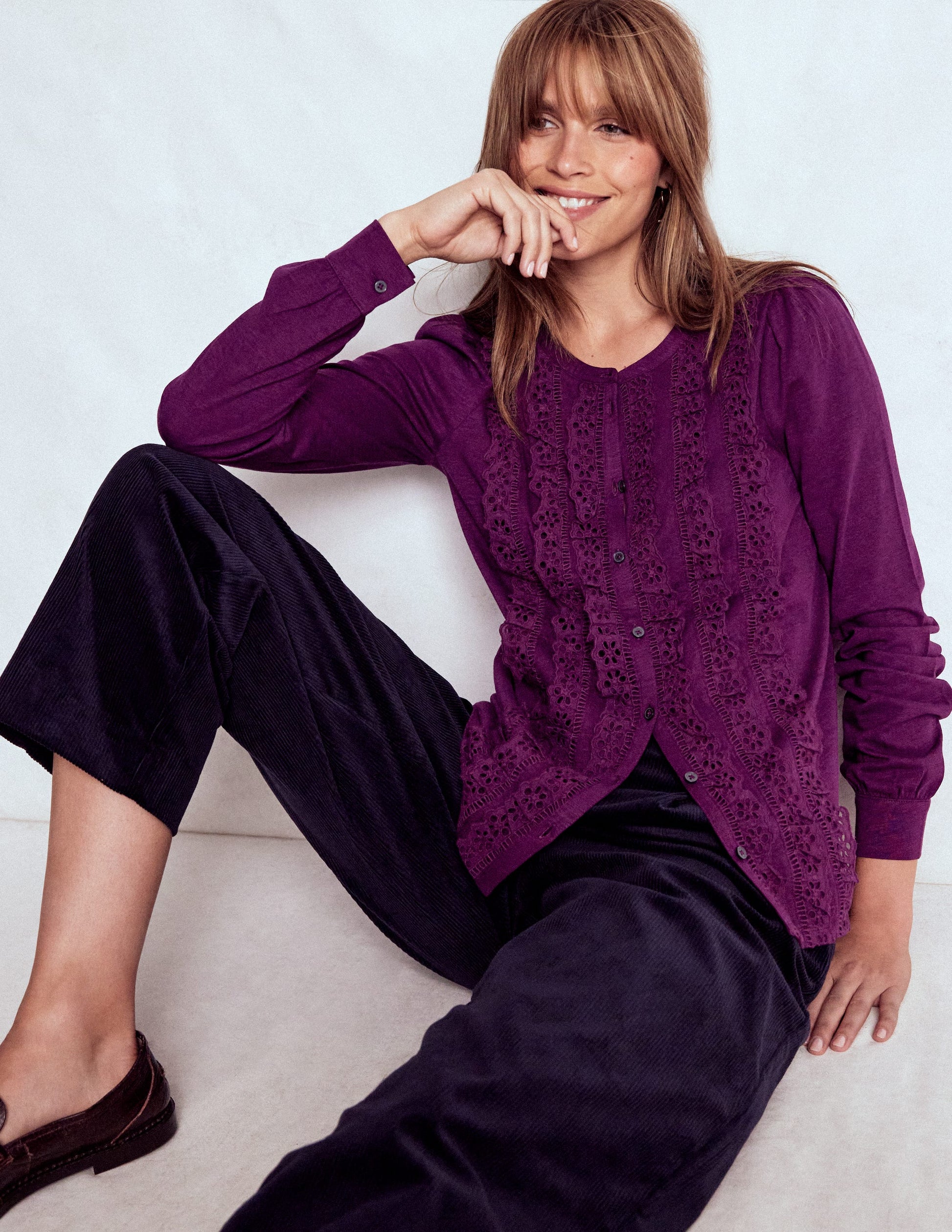 Broderie Ruffle Jersey Shirt-Plum Jam-5