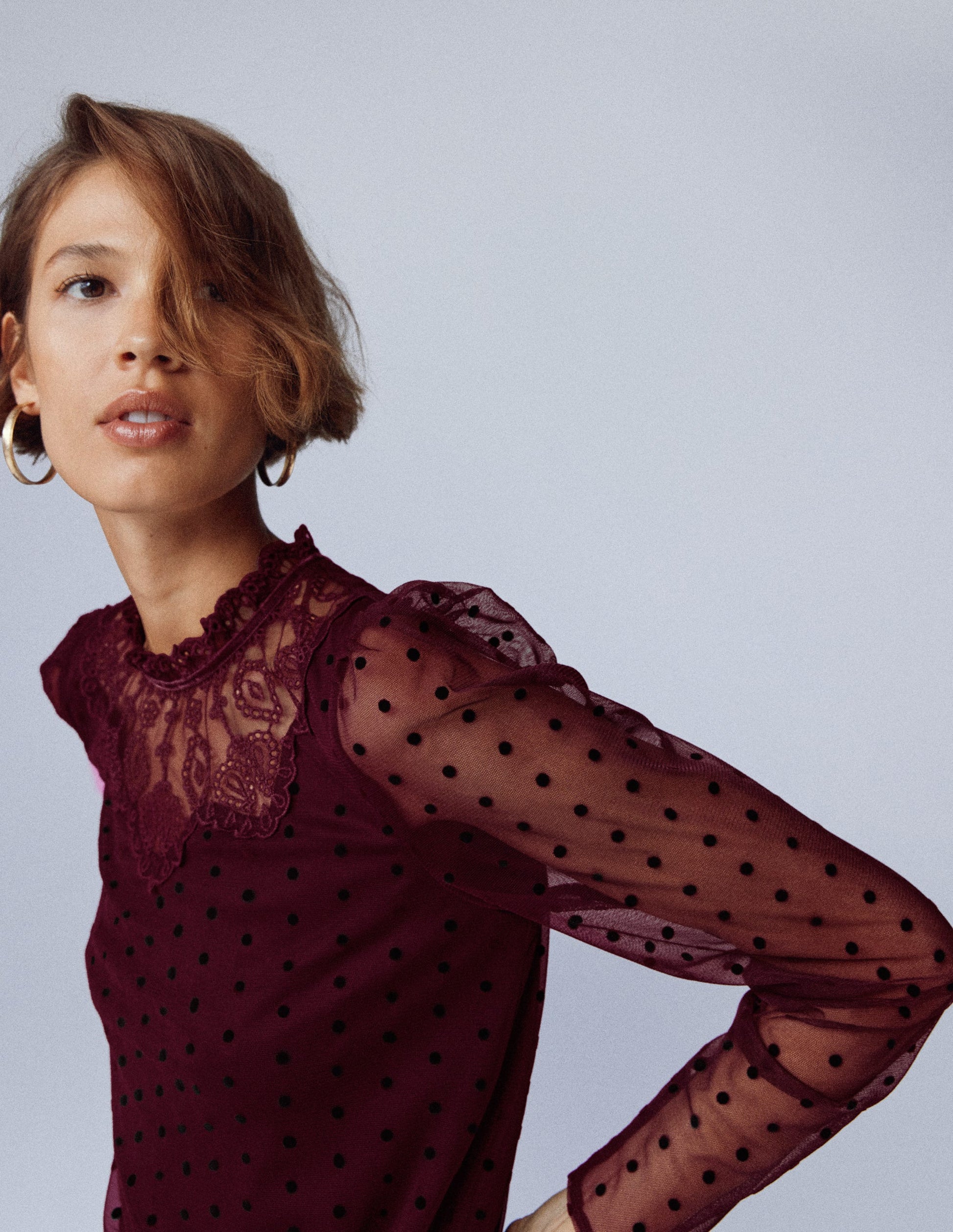 Tulle Yoke Embroidered Top-Dark Cherry-5