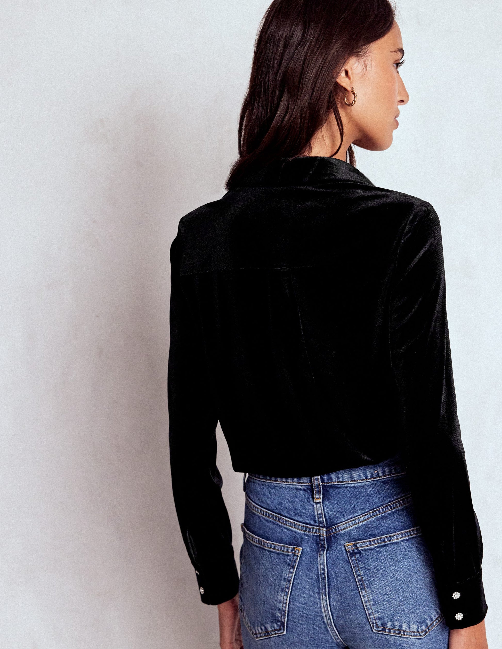 Jewel Button Velvet Shirt-Black-3