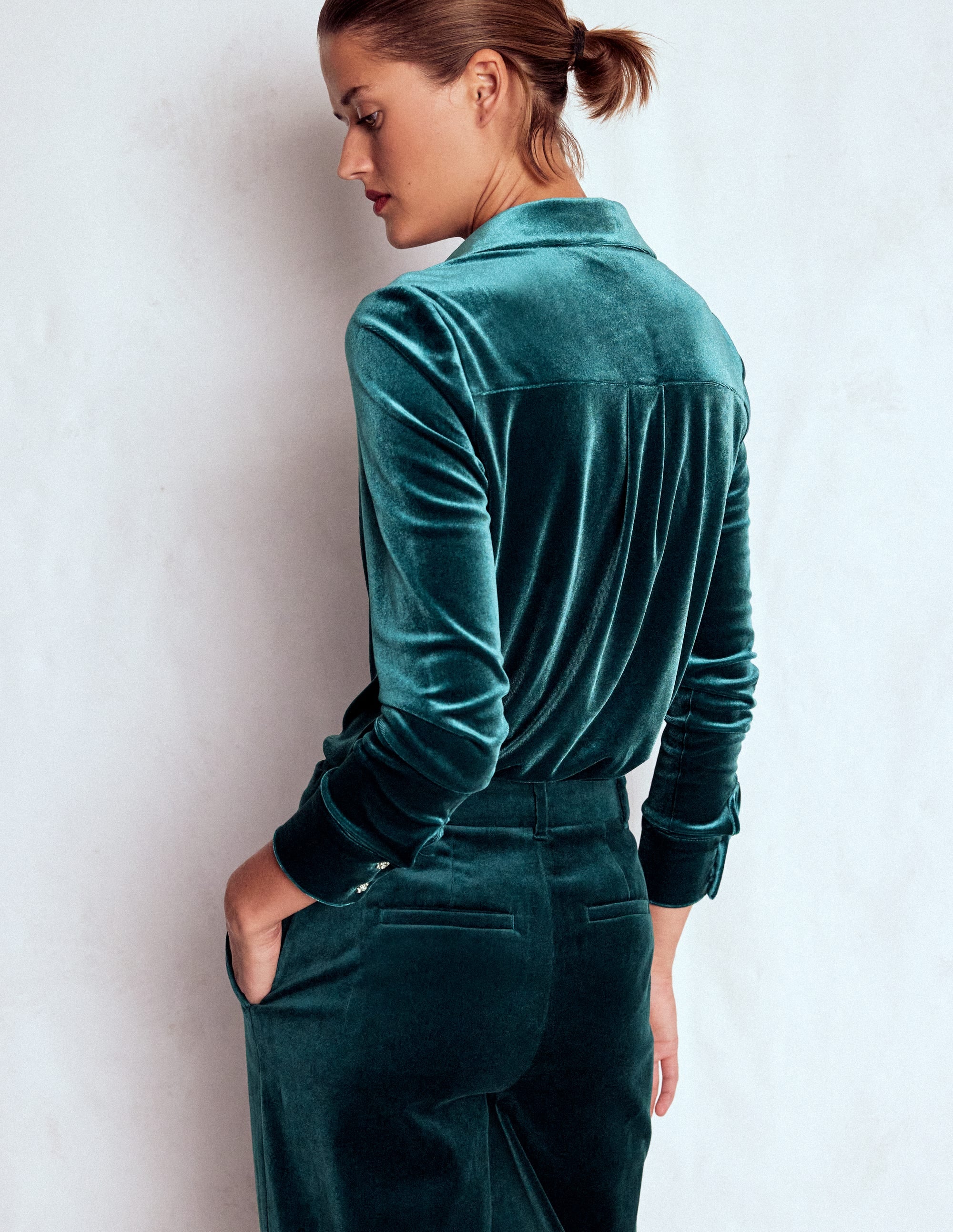 Jewel Button Velvet Shirt-Midnight Teal - Image 3