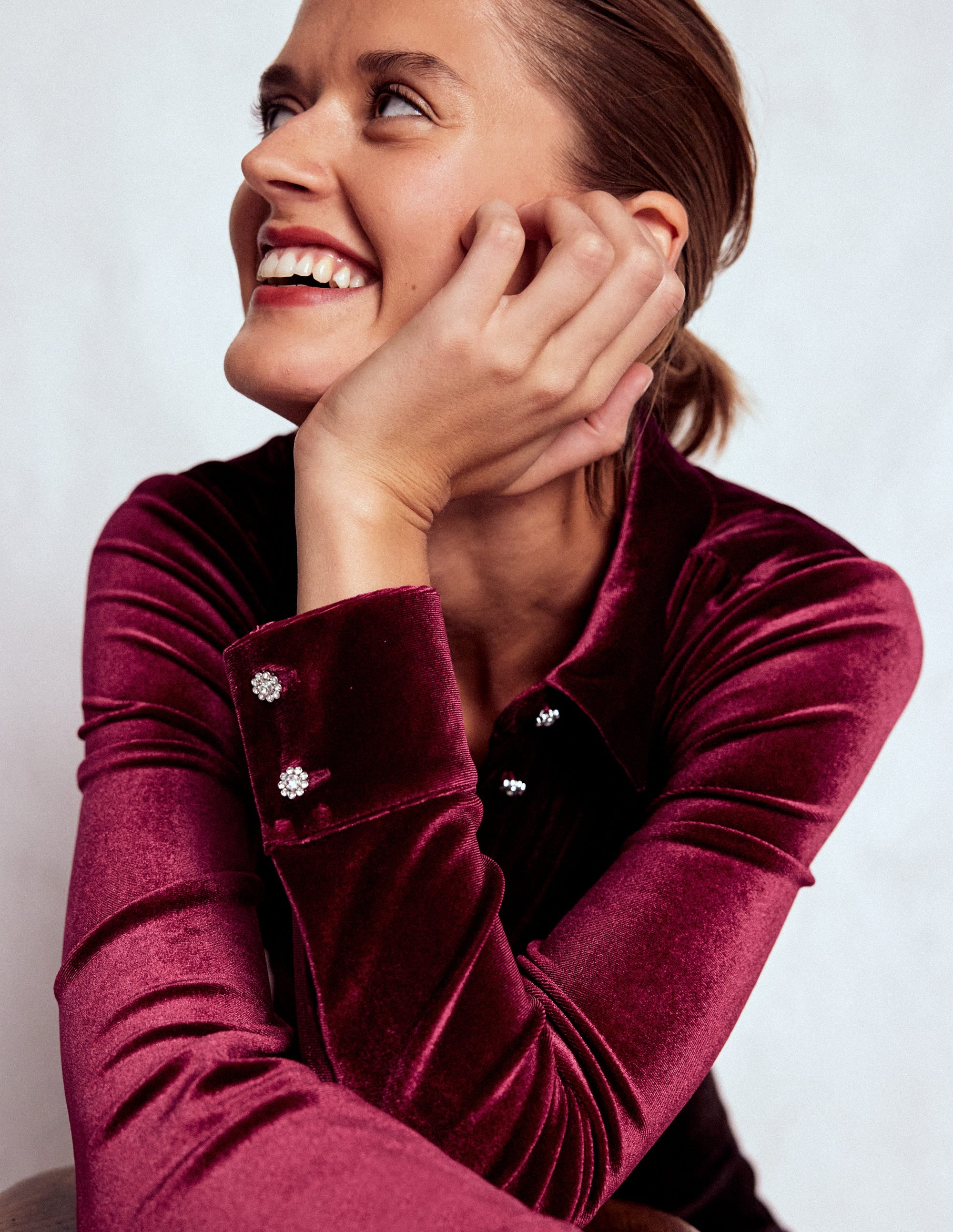 Jewel Button Velvet Shirt-Ruby Red - Image 1