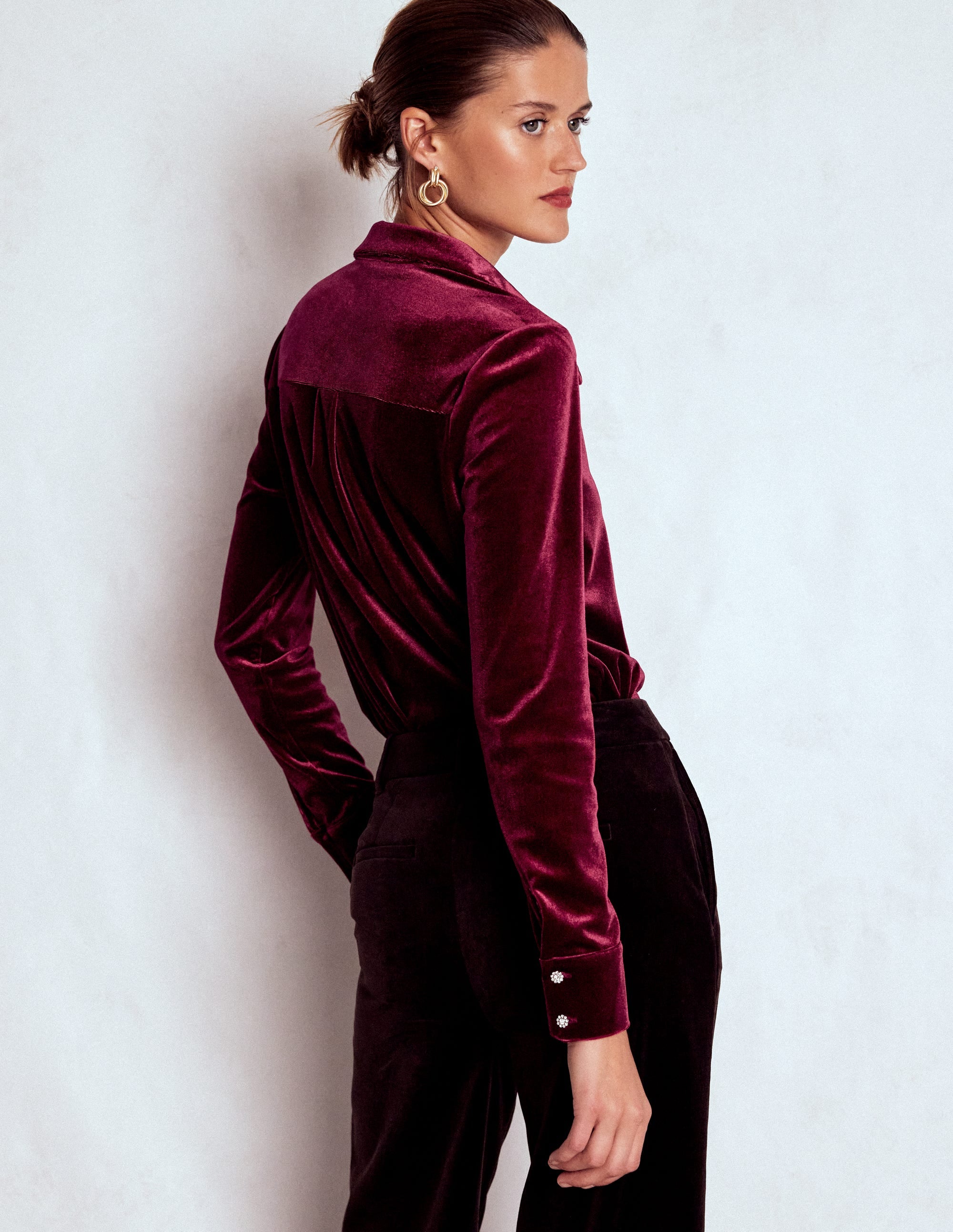 Jewel Button Velvet Shirt-Ruby Red - Image 3