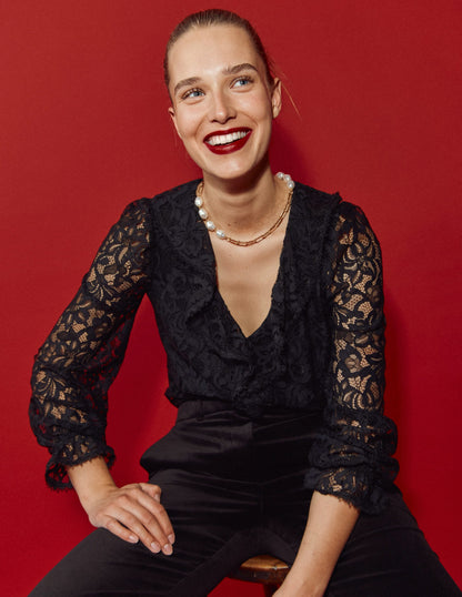 Ruffle Detail Lace Blouse-Black-1