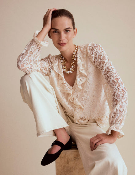 Ruffle Detail Lace Blouse-Ivory