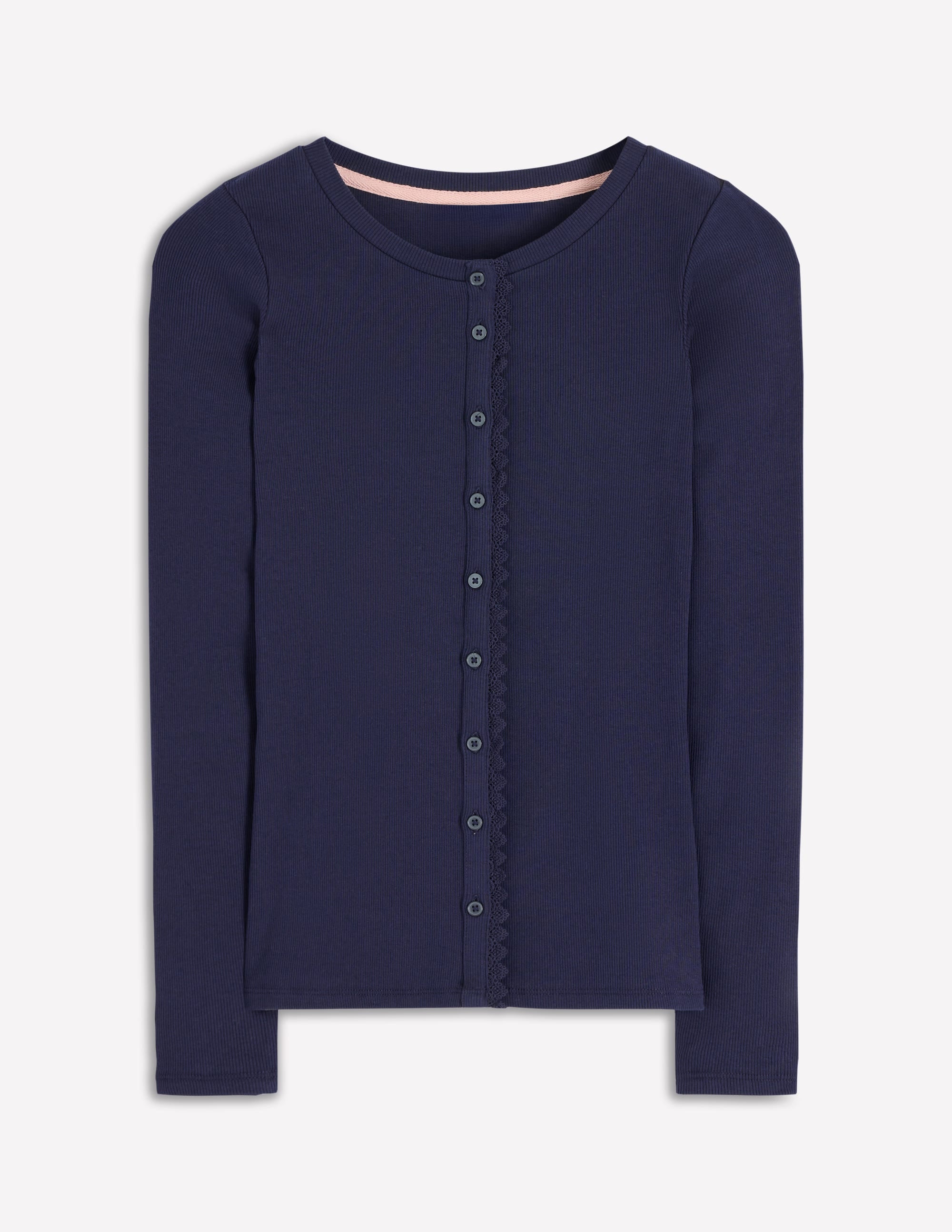 Evie Button Through Ribbed Top-Navy - Image 5