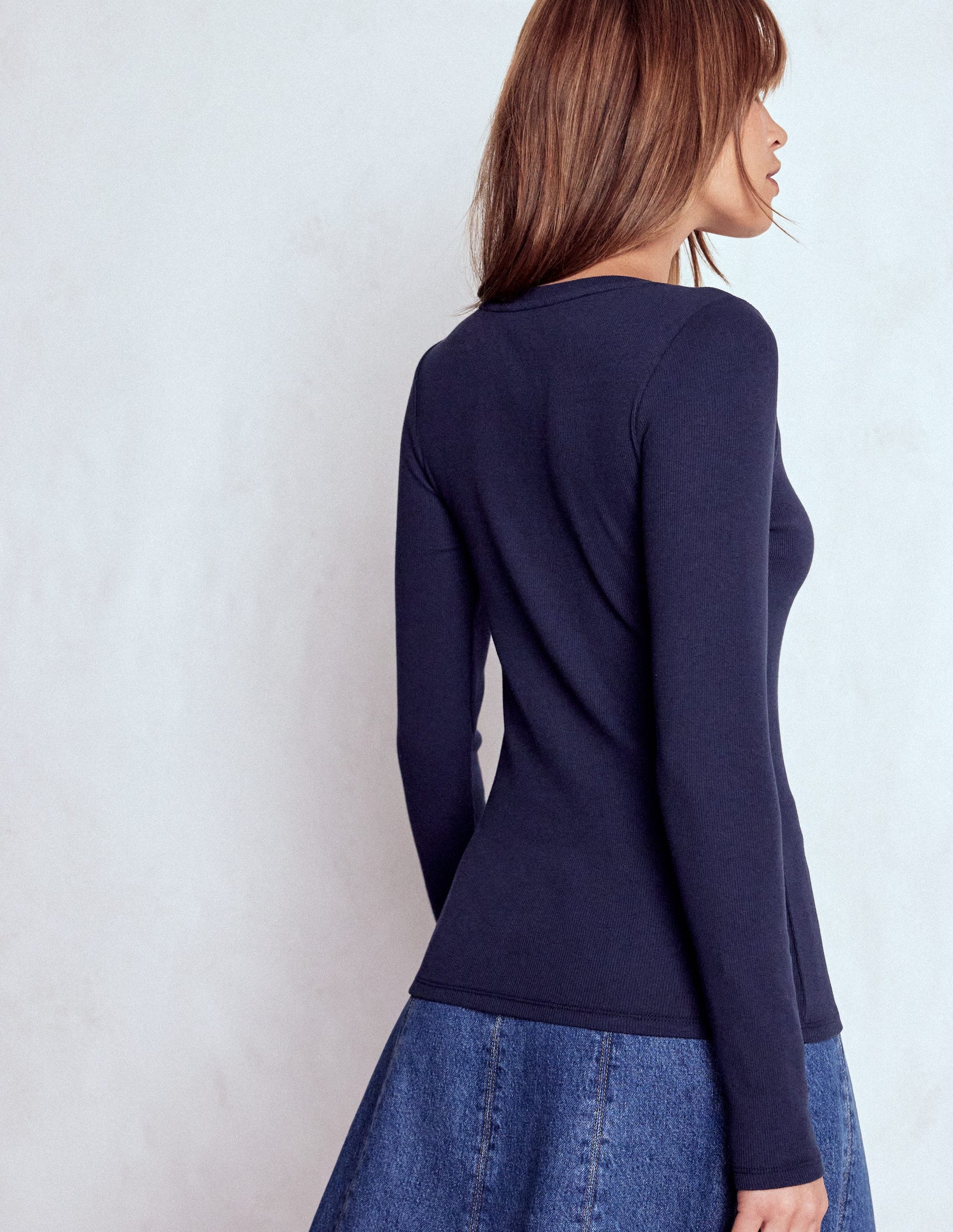 Evie Button Through Ribbed Top-Navy-3