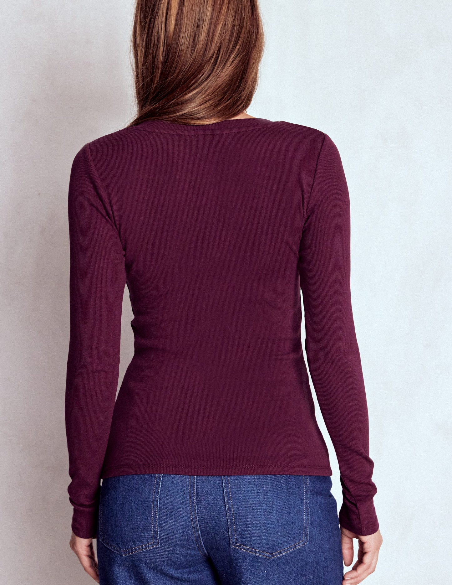Evie Button Through Ribbed Top-Bordeaux