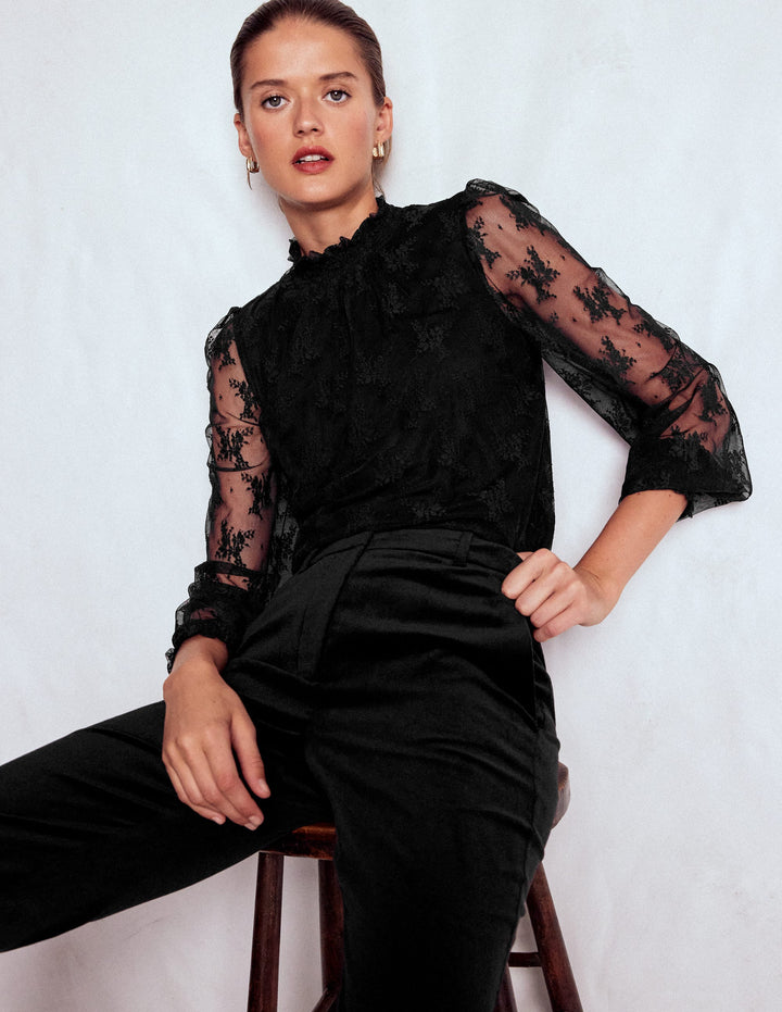 Smock Neck Tulle Top-Black