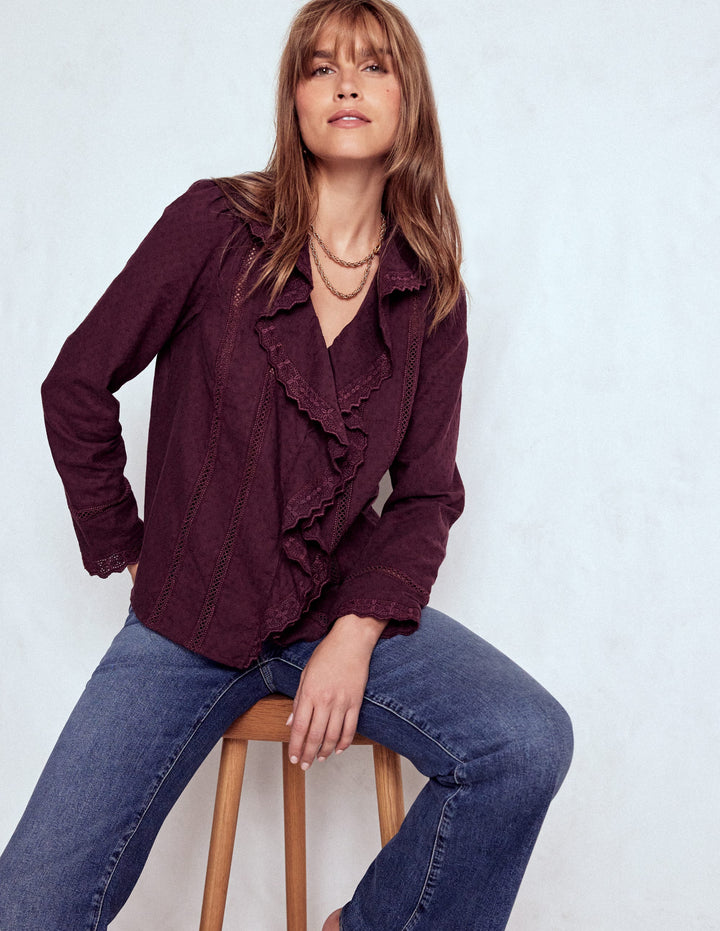 Ruffle Embroidered Blouse-Dark Cherry