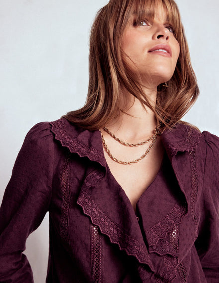 Ruffle Embroidered Blouse-Dark Cherry