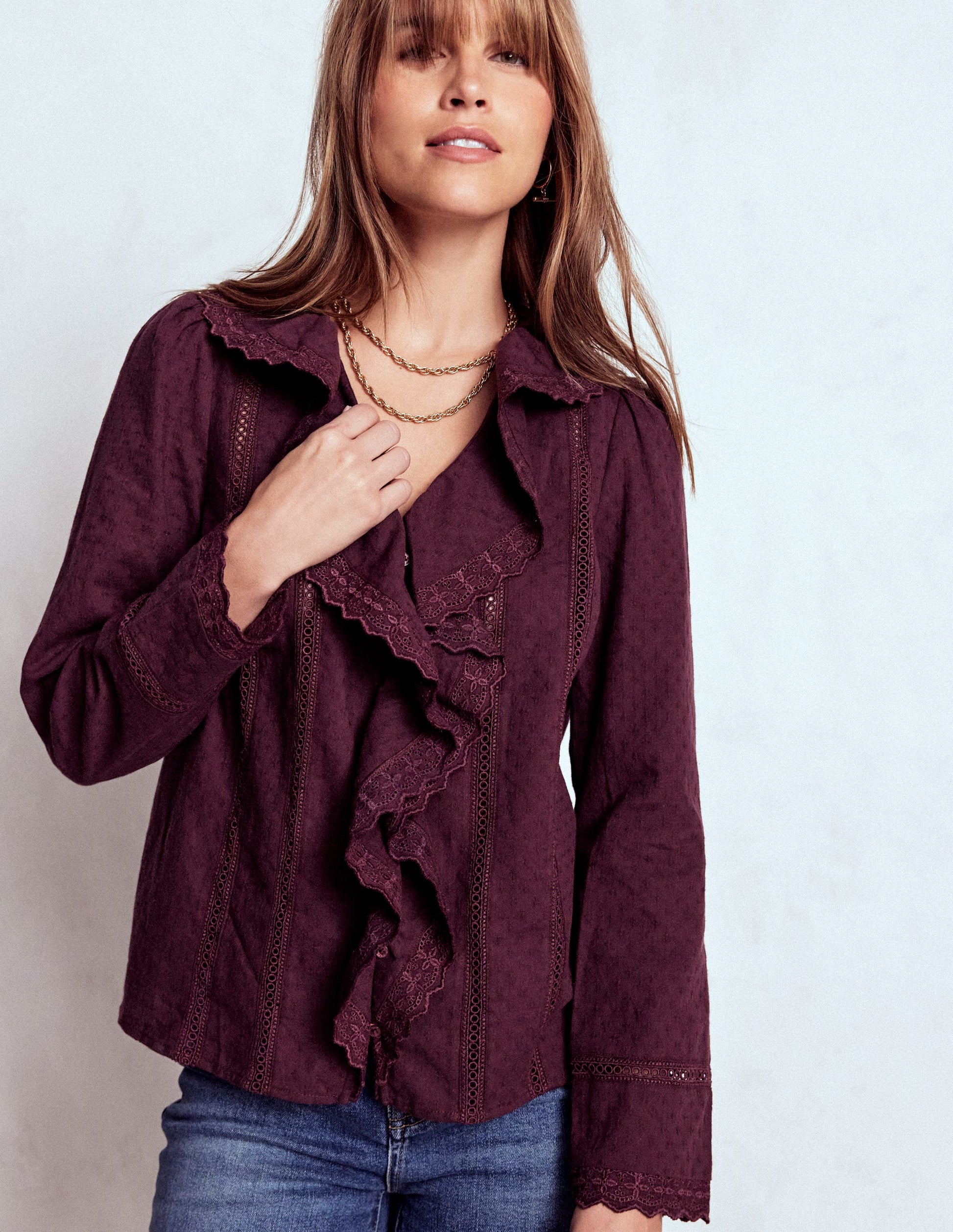 Ruffle Embroidered Blouse-Dark Cherry-4