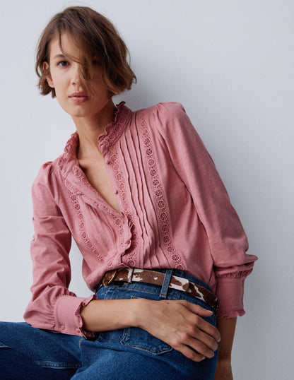 Lace Detail Jersey Shirt-Vintage Rose-1
