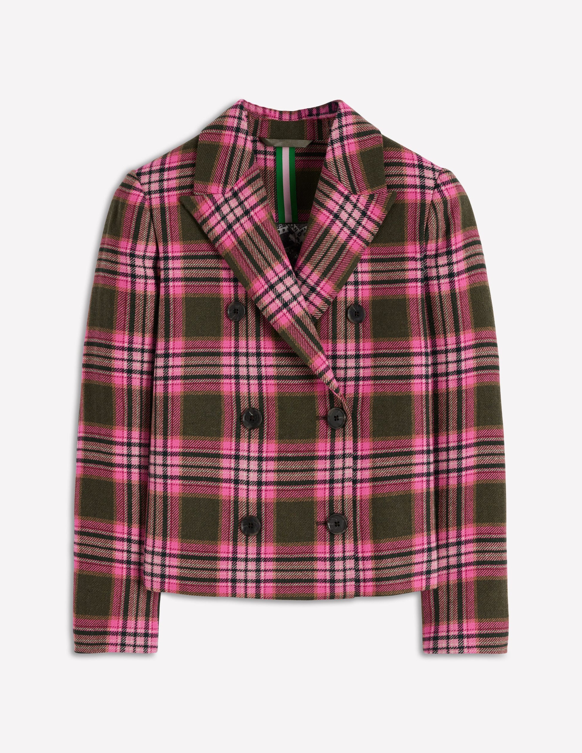 Boxy Double Breasted Blazer-Olive Green and Pink Check-7