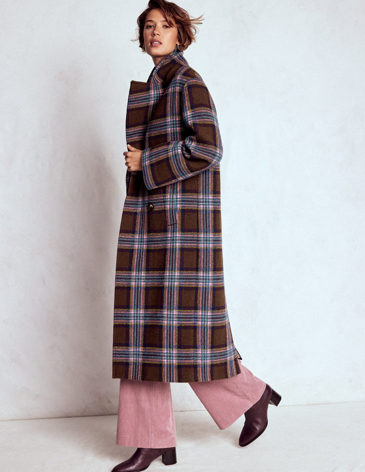 Cocoon Wool Coat-Brown, Teal and Pink Check - Image 1