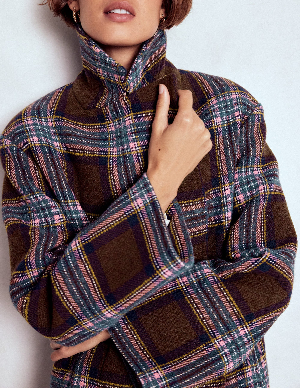 Cocoon Wool Coat-Brown, Teal and Pink Check - Image 3