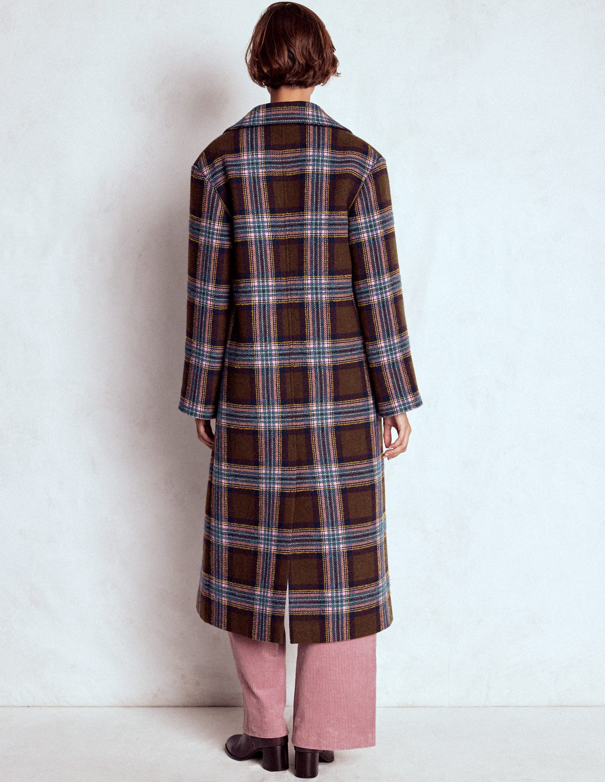 Cocoon Wool Coat-Brown, Teal and Pink Check - Image 4