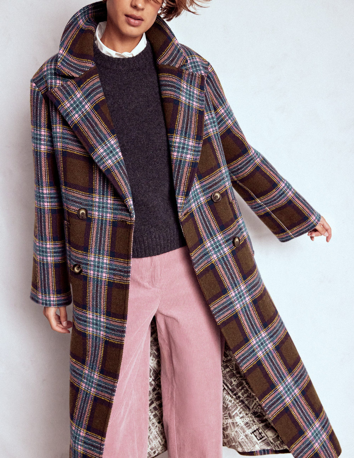 Cocoon Wool Coat-Brown, Teal and Pink Check - Image 6