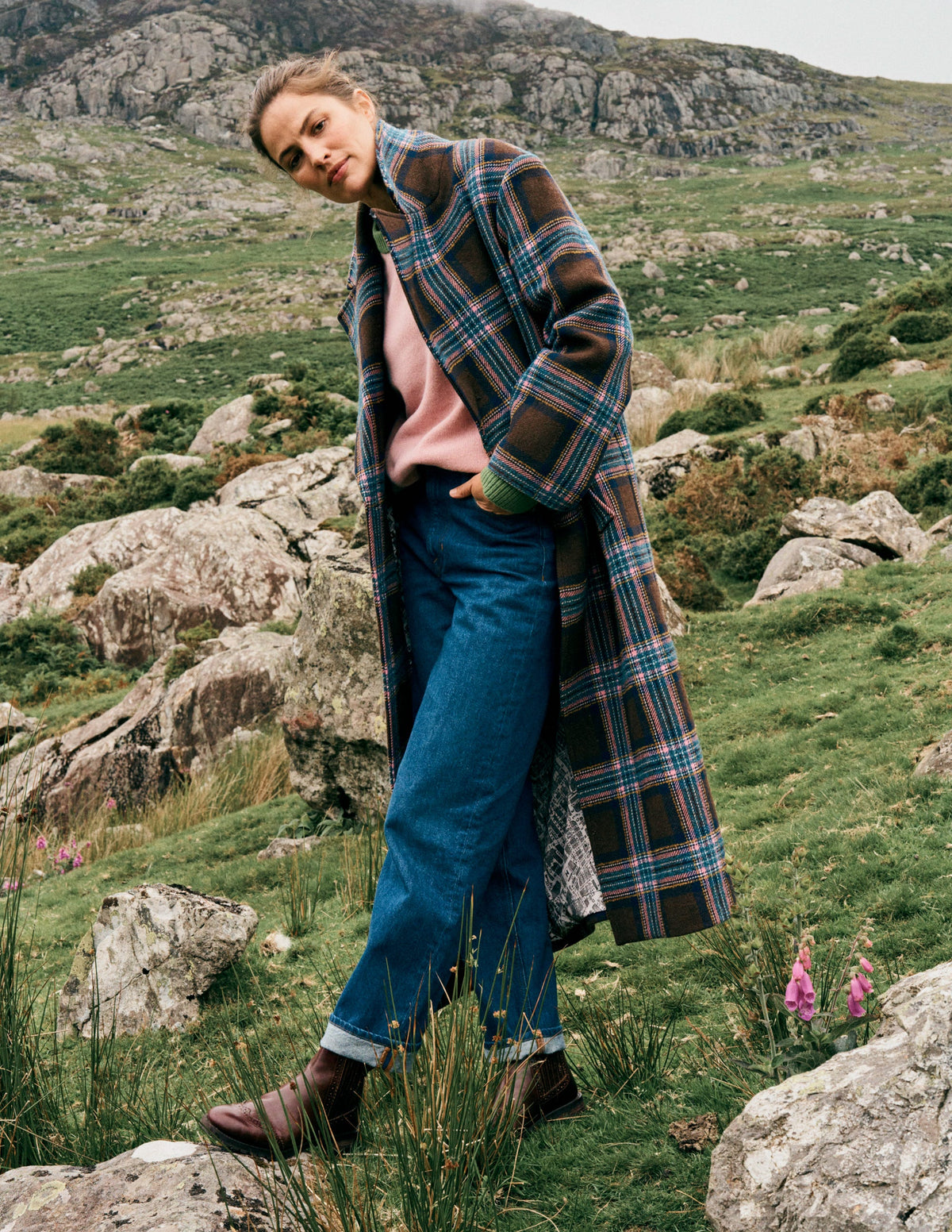 Cocoon Wool Coat-Brown, Teal and Pink Check - Image 2