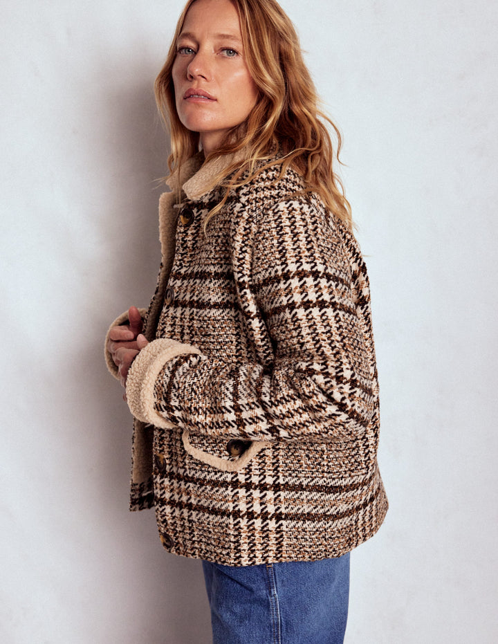 Stirling Check Coat-Ivory, Brown & Black Check