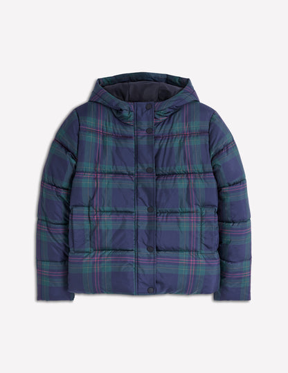 Padded Puffer Coat-Navy & Green Tonal Check-5