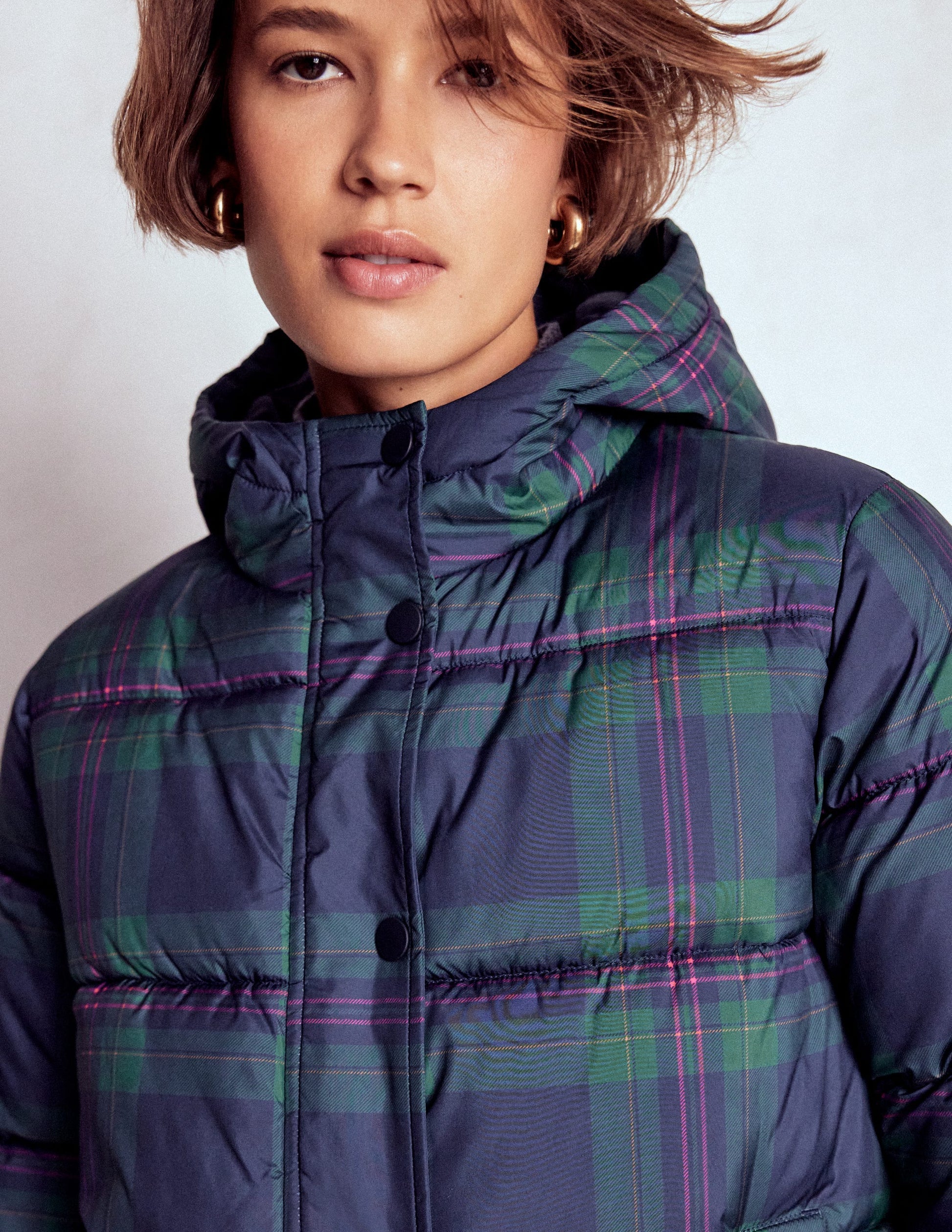 Padded Puffer Coat-Navy & Green Tonal Check-2