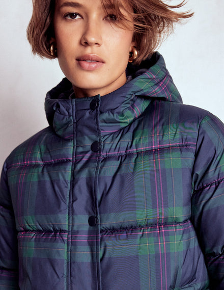 Padded Puffer Coat-Navy & Green Tonal Check