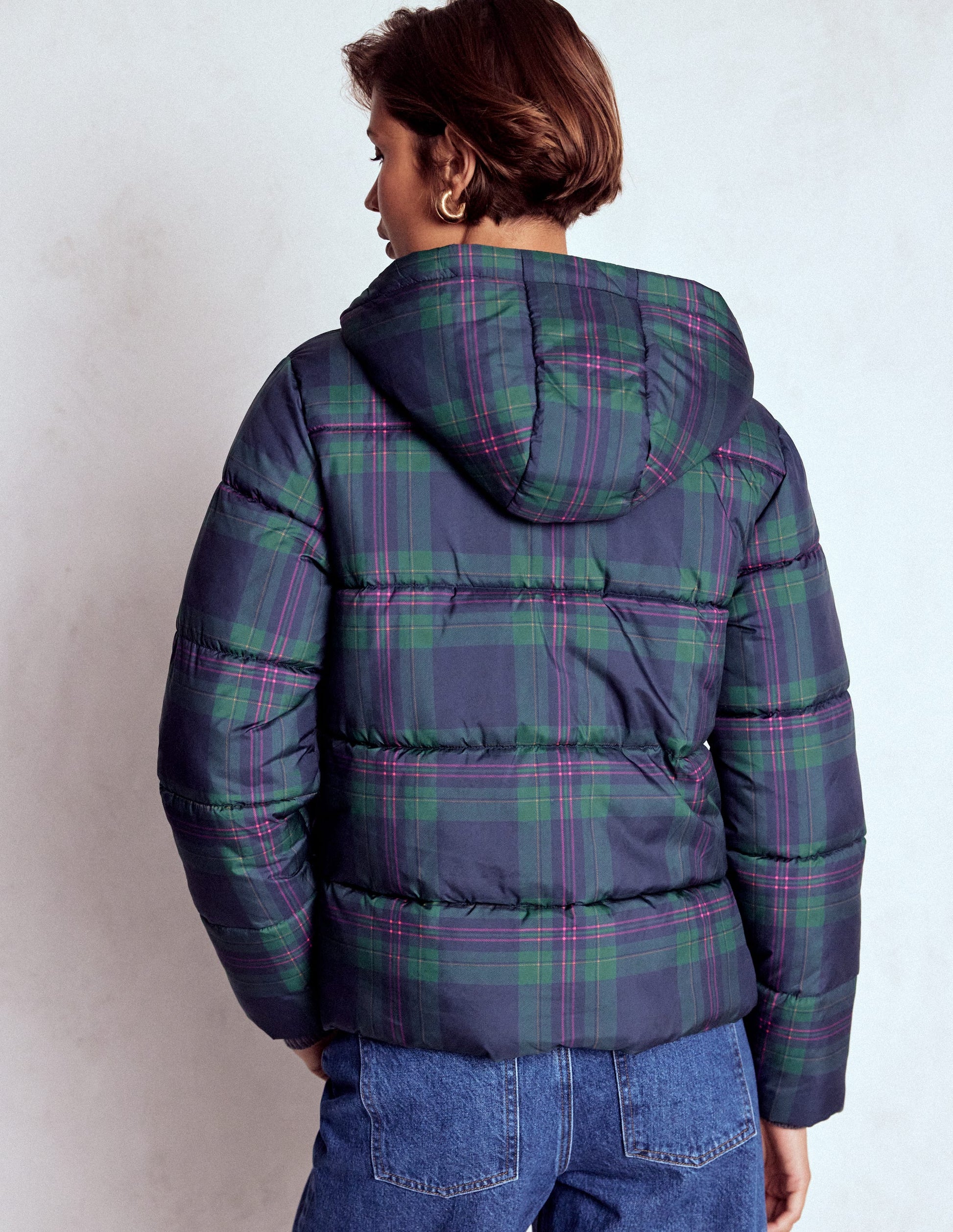 Padded Puffer Coat-Navy & Green Tonal Check-3