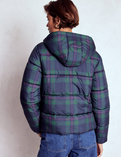 Padded Puffer Coat-Navy & Green Tonal Check-3