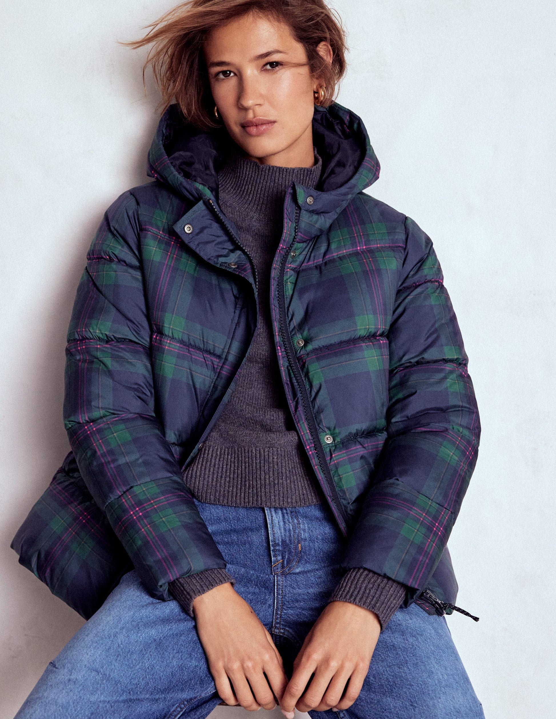 Padded Puffer Coat-Navy & Green Tonal Check-4
