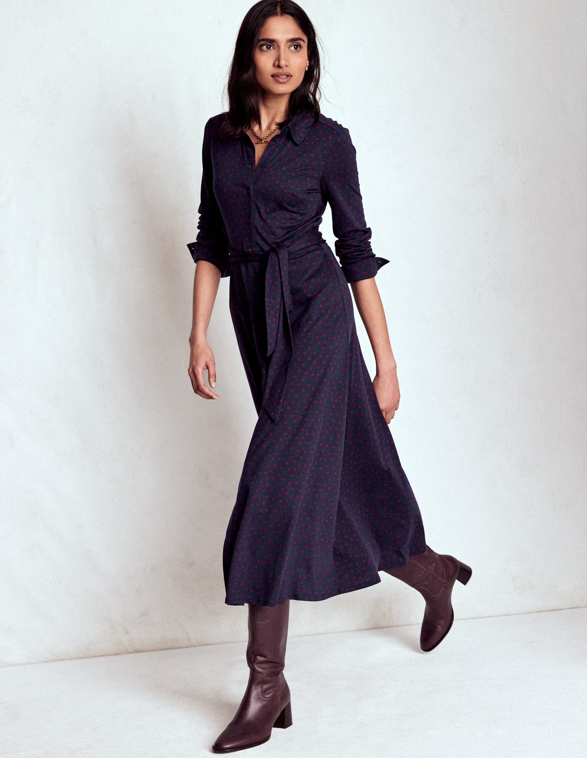 Marcia Jersey Shirt Dress-French Navy, Painted Dot-2