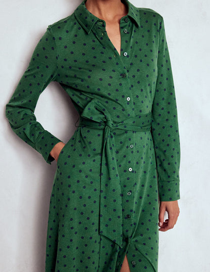 Marcia Jersey Shirt Dress-Hunter Green, Painted Dot-2