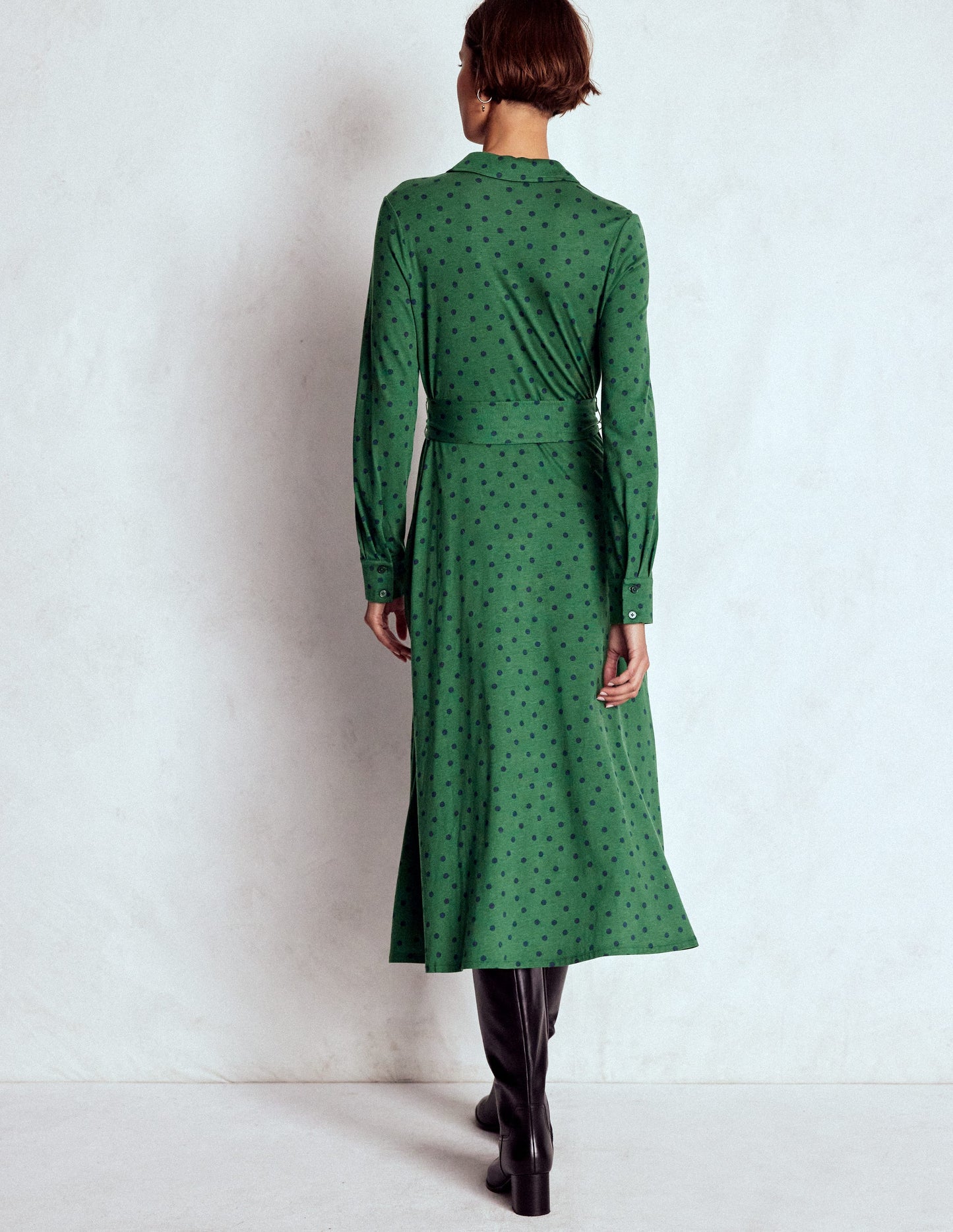 Marcia Jersey Shirt Dress-Hunter Green, Painted Dot