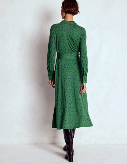 Marcia Jersey Shirt Dress-Hunter Green, Painted Dot-3